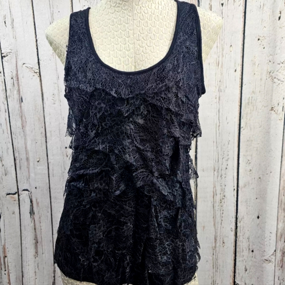 Women's Medium Express Black & Metallic Ruffle Tank Top Blouse Shirt NEW - Picture 1 of 8